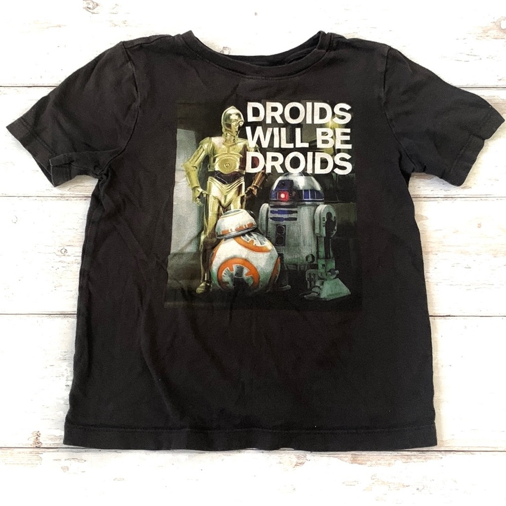Star Wars 4T Boys Shirt Gray Short Sleeves Kids Toddler Droids C-3PO R2D2 BB8